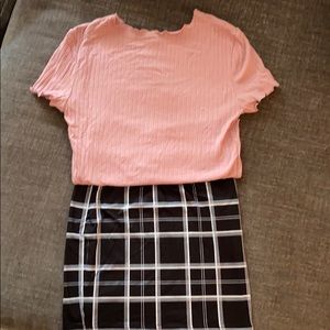 Pink shirt black plaid shirt outfit